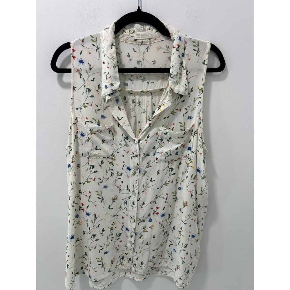 Just Living Womens Ivory Wildflower Butterfly Sleeveless Button Down Blouse L